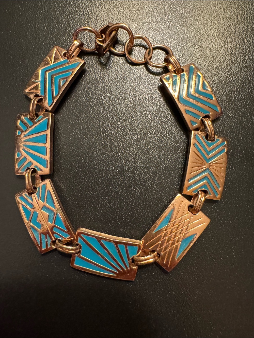 Signed BGE Turquoise Enamel Copper Tone Geometric Panel Bracelet - 7.5–8.5”